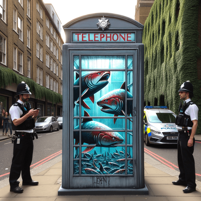 "Create a highly detailed urban scene set in central London, featuring a glass police box that has been artistically transformed to resemble a tank filled with piranhas. The piranhas should appear menacing yet stylized, capturing the unique touch of Banksy’s graffiti style. The police box is located on a busy street, with ivy-covered walls or buildings nearby. Two City of London police officers should be seen nearby, inspecting and photographing the artwork, reflecting their surprise and curiosity. The scene should convey the juxtaposition of the unexpected, playful street art against the serious urban backdrop. Additionally, the artwork should be surrounded by a small crowd, reflecting the public’s intrigue and excitement about this new installation."